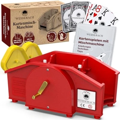 Abbildung von Weidebach® rot Kartenmischmaschine mit Goldener Kurbel für alle Standard Kartenspiele, Kartenmischer 2X Kartenspielen &amp; Ersatzkurbel, Karten Mischgerät Buch lustige Spieleabende