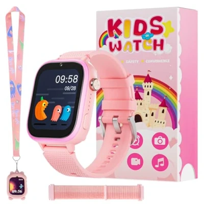 Abbildung von OKYUK 4G Kinder smartwatch, smartwatch mit GPS und Telefon,Armbanduhr Junge mädchen,mit Video Phone Call, Nachrichten, Schulmodus, SOS Funktion, Kamera Schrittzähler (Rosa)