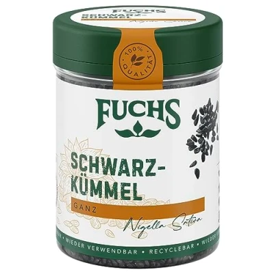 Abbildung von Fuchs Gewürze Schwarzkümmel ganz ideal als Topping für Salate, Bowls, Guacamole oder Frischkäsebrot natürliche Zutaten 60 g in wiederverwendbarer, recyclebarer Dose