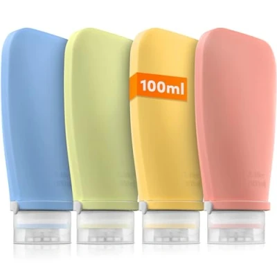 Abbildung von TRAVELY Reiseflaschen zum Befüllen (4x 100ml) travel essentials Handgepäck geeignet I Shampoo Flaschen Auslaufsicher &amp; Farbenfroh, reise set, bottles, reisegröße