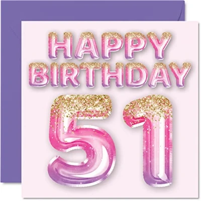 Abbildung von Stuff4 Geburtstagskarte zum 51. Geburtstag für Frauen rosa und lila Glitzerballons Happy Karten 51 Jahre alte Frau Mama Nanny Grandma Gran Tante, 145 mm x Grußkarten Geschenk