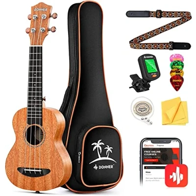 Abbildung von Donner Konzert Ukulele Set 23 Zoll Starter Kit Anfänger Hawaii Gitarre Mahagoni mit Nylon Saiten