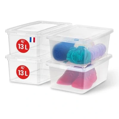Abbildung von Iris Ohyama, Mehrzweck Kunststoff Aufbewahrungsbox, 13L, 4er Set, Transparent, Einfache Verschließung, Stapelbar, für Schlafzimmer, Küche, Büro, Badezimmer, Kleidung, Spielzeug, BPA frei, CNL 13E