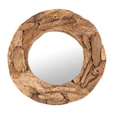 Abbildung von DESIGN DELIGHTS RUNDER WANDSPIEGEL Teak 60&quot; Teakholz (erodiert), Natur, Ø 60 cm Treibholzspiegel mit Holzrahmen