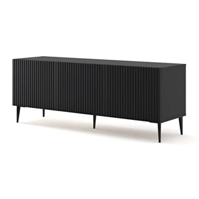Abbildung von BIM Furniture TV Schrank Ravenna B 150 cm 3D mit gefräster Front Hochwertiges MDF Metallbeine Lowboard Sideboard Kommode Fernsehtisch (Schwarze Matte, Schwarze Beine)