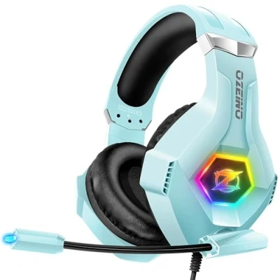 Abbildung von Ozeino Gaming Headset für PS5 PS4 Xbox One PC Switch, Gamer mit Mikrofon, Stereo Sound und RGB Light, Himmelblau
