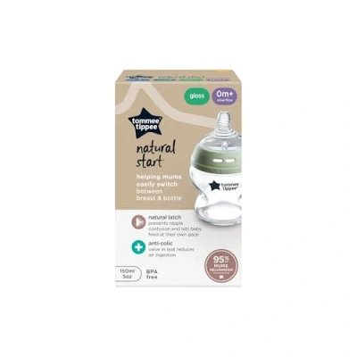 Abbildung von Tommee Tippee Closer to Nature Glass Baby Bottle, Slow Flow Breast Like Teat with Anti Colic Valve, 250ml, Pack of 1, Clear