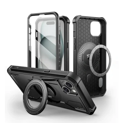 Abbildung von Dexnor Kompatibel mit iPhone 14 Plus/15 Plus Hülle[Eingebauter Displayschutz und Kickstand], Heavy Duty Military Grade Schutz Stoßfeste Schutzhülle Schwarz