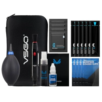 Abbildung von VSGO Professional Kamera Reinigungsset mit Objektiv Reinigungsstift Luftgebläse Reinigungsflüssigkeit, kompatibel für Canon, Nikon, Sony DSLR Kameras (20 in 1 Kit APS C Tupfern)