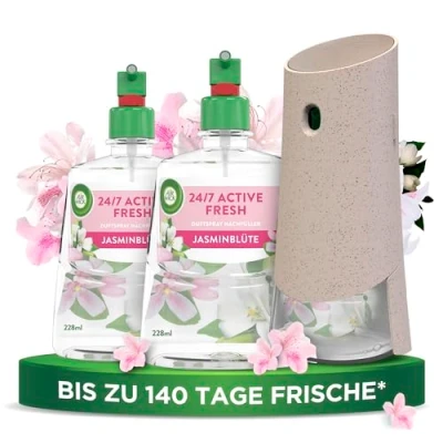 Abbildung von Air Wick Active Fresh Starter Set Aeorosolfreier, automatischer Lufterfrischer Raumduft Jasminblüte 2 x 228 ml Nachfüller + Gerät