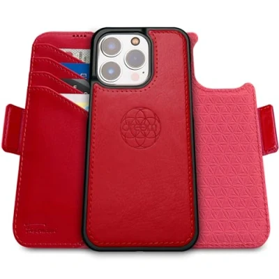Abbildung von Dreem Fibonacci kompatibel mit iPhone 16 Pro Brieftaschen Etui / 2 in 1 stoßfestes und abnehmbares Folio aus veganem Leder, MagSafe, RFID Schutz [Rot]