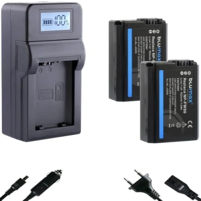 Abbildung von 2X blumax Akku Ersatz für Sony NP FW50 [ 950mAh ] + Speed LCD Charger Alpha 7 7II 7R 7S II 6300 6500 / NEX 6 F3 DSC RX10 IV/ZV E10