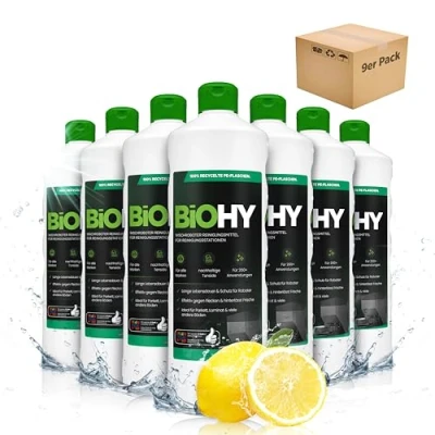 Abbildung von BiOHY Wischroboter Reinigungsmittel für Reinigungsstationen (9 x 1 Liter) Verlängert die Lebensdauer der Absaugstation Schaumarmes Bodenreiniger Konzentrat