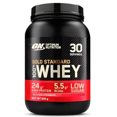 Abbildung von Optimum Nutrition Gold Standard 100% Molkenproteinpulver für Muskelaufbau und regeneration mit natürlich vorkommendem Glutamin BCAA Aminosäuren, Delicious Strawberry, 30 Portionen, 900 g