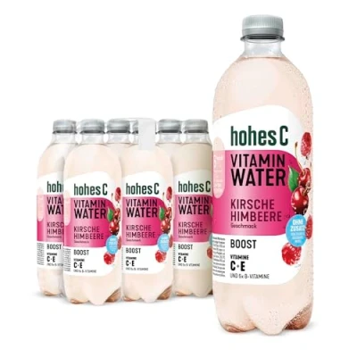 Abbildung von hohes C Vitamin Water Boost Kirsche &amp; Himbeere (6 x 750ml), mehr Energie mit Multivitamin Komplex: C, B6, B12, B3, B5 B7, nur 6kcal/100ml, ohne Zuckerzusatz Süßungsmittel, vegan