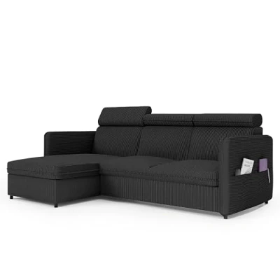 Abbildung von GREKPOL Sofa mit Schlaffunktion 160x220 Schwarz Cord Poso Ecksofa und Bettkasten 3 Sitzer Schlafsofa Couch
