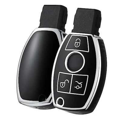 Abbildung von OATSBASF Autoschlüssel Hülle für Mercedes Benz, Schlüsselhülle Cover Benz W204 W211 2 3 Keyless Tasten A B C E Class (Silber Rand Schwarz)