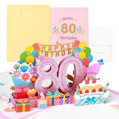 Abbildung von Joyoldelf 80 Jahre alte Geburtstagskarte, Pop Up Grußkarten, 3D Karte Geburtstag Grußkarte, Geburtstagskarten mit Umschlag für Frauen Mütter Mädchen Freunde Romantik Geschenk