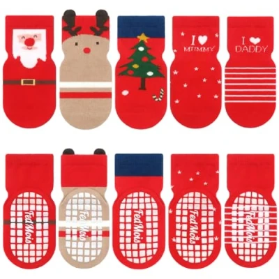 Abbildung von FedMois 5er Pack Baby Kleinkinder ABS rutschfeste Socken Sneaker Tiermotive Baumwolle, Weihnachten, 0 1 Jahr