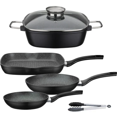 Abbildung von GSW Topf Set &quot;Gourmet Granit&quot;, Aluminiumguss, (Set, 5 tlg., 1 x Bräter, 1x Grillpfanne 28x28 cm, je Bratpfanne Ø 20/24 cm), Induktion