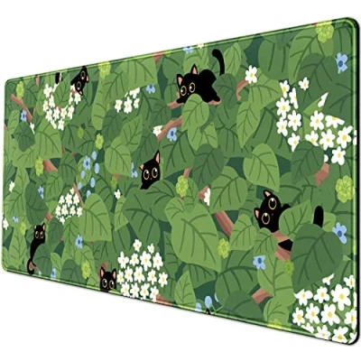 Abbildung von Niedliche grüne Blätter Schreibtischunterlage Kawaii Anime schwarze Katze Mauspad erweitertes großes Gaming XXL Computer Laptop Schreibtischmatten Tastatur für