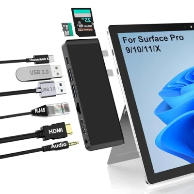 Abbildung von Surface Pro 11 Zubehö mit 4K HDMI, USB C Thunderbolt 4 (8K@30Hz Video+40G Daten+100W PD), 100M RJ45, 2 3.0, SD/TF Kartensteckplatz, 3.5mm Audio, Triple Display für 9/10/11/X
