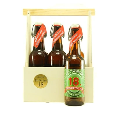 Abbildung von Bier Geschenk 6 er Holz Träger mit Fl. 18. Geburtstag