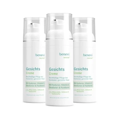 Abbildung von benevi Gesichts Creme 3 x 50ml reichhaltige Pflege für empfindliche und irritierte Haut zur der trockenen zu Neurodermitis neigenden Hyaluron Panthenol Sheabutter pH hautneutral