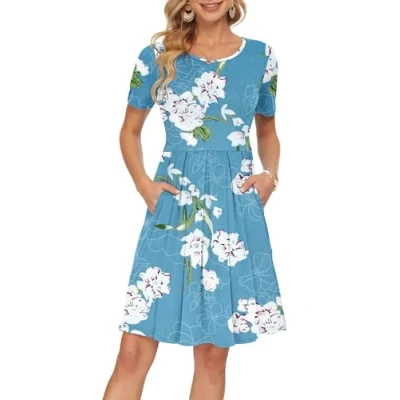 Abbildung von AUSELILY Sommerkleid Blumen Hellblau Damen Casual Plissee Loose Swing Freizeitkleid mit Taschen Knielang 2XL
