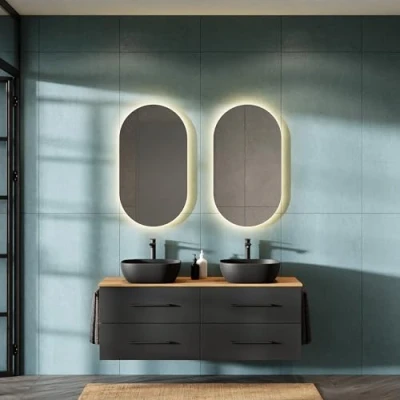 Abbildung von Planetmöbel LUX Badmöbel Set Waschbecken mit Unterschrank 140 cm, 2 Aufsatz 42 cm schwarz, Spiegel 50 (ohne LED) Waschbeckenunterschrank Gold Eiche/Anthrazit