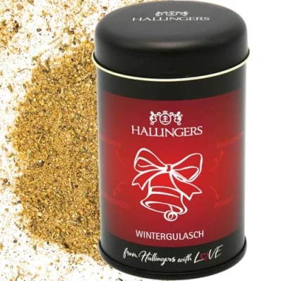 Abbildung von Hallingers Winter Gulasch Gewürz Mischung für Rindergulasch, Geflügelgulasch &amp; Ragout (Dose) Adventskalender Neuheiten befüllen Neues Zuhause Ruhestand Freundschaft Genesung