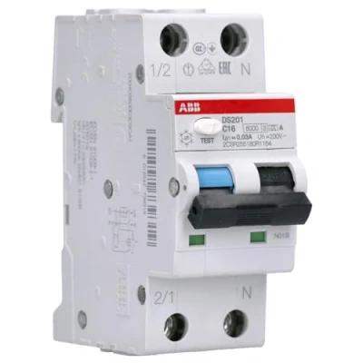 Abbildung von ABB RCBO System Pro M Compact DS201 FI/LS Schalter 16A, 2 polig Typ A, Empfindlichkeit 30mA, DIN Schienen Montage