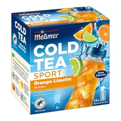 Abbildung von Meßmer Cold Tea Sport Orange Limette Limited Edition mit Koffein 14 Pyramidenbeutel Glutenfrei Laktosefrei Vegan