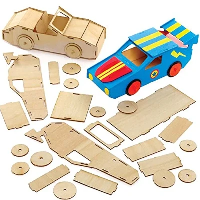 Abbildung von Baker Ross FE625 Holzbastel Set, Rennauto, Holz Bastelset für Kinder zum Dekorieren und Ausstellen, Lernaktivitäten Kinder, 2 Stück