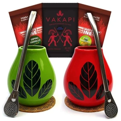 Abbildung von Yerba mate tee becher Set für Zwei Starter Keramik tasse Hoja Rot 350ml und Grün Edesthalm trinkhalm Bombilla aus Paraguya loose leaf
