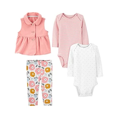 Abbildung von Simple Joys by Carter&#039;s Baby Mädchen 4 Piece Bodysuit and Vest Set Modisches Unterhemd, Rosa/Weiß Punkte/Floral/Streifen, 0 Monate (4er Pack)