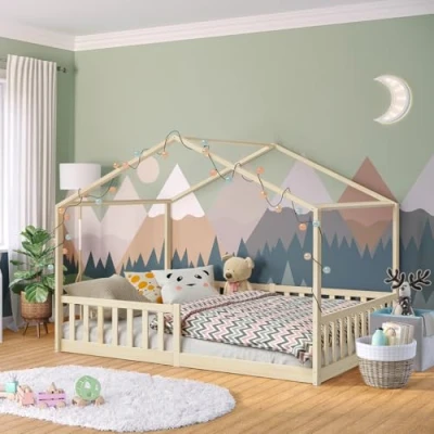 Abbildung von Bellabino Hausbett Bia (natur, 140x200 cm, Bodenbett mit Rolllattenrost und Rausfallschutz), bodentiefes Kinderbett in verschiedenen Ausführungen