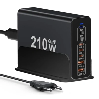 Abbildung von USB C Ladegerät 210W GaN, Mehrfach Ladegerät【6USB C+2USB A】 Schnellladegerät PD 3.0 Charger Power Netzteil Kompatibel mit iPhone 12/13/14/15 Serie/MacBook Pro/Galaxy S23/S22/S21(Schwarz)