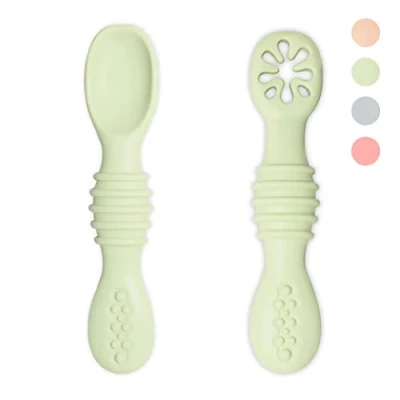 Abbildung von VegMai® PreLöffel Babys. BLW Lernlöffel, Phase 1 + 2. Empfohlen von Ernährungswissenschaftlern und Experten für Baby led Weaning. Antibakterielle ergonomische Silberwaren aus Silikon (GRÜN)