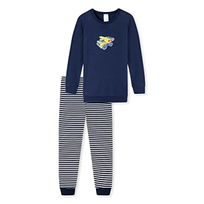 Abbildung von Schiesser Jungen Schlafanzug Set Pyjama Lang 100% Organic Bio Baumwolle Größe 92 Bis 140 Pyjamaset, Dunkelblau_173449,