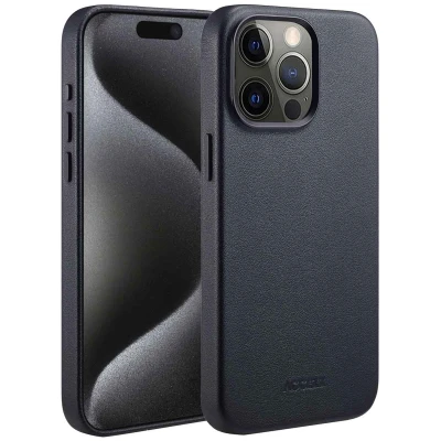 Abbildung von Apple iPhone 15 Pro Max Hülle MagSafe Echtleder Accezz Backcover Handyhülle Schwarz