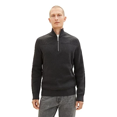 Abbildung von TOM TAILOR Herren 1038315 Strukturierter Strick Pullover mit Troyer Kragen, 10617 Black Grey Melange, S