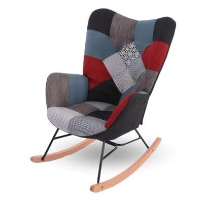 Abbildung von MEUBLE COSY Schaukelstuhl Schaukelsessel Relaxstuhl Sessel mit Armlehnen und gepolsterter Sitzfläche für Wohnzimmer Schlafzimmer, Metallgestell Holzsockel, Stoff Patchwork