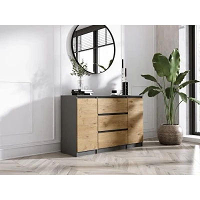 Abbildung von 3E 3xE living.com Kommode, mit 2 Tür, 3 Schubladen Anthrazit &amp; Lancelot Eiche,B: 120 cm H: 79 T: 39