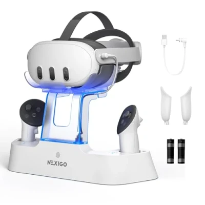 Abbildung von NexiGo Verbesserte Ladestation mit LED Licht [EIN/Aus] für Oculus Quest 3, [Unterstützt Elite Strap Batterie], Headset Display Halterung und Controller Halterung, Wiederaufladbare Batterien, Weiß