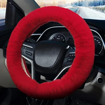 Abbildung von Pahajim Lenkradbezug Fell Lenkradhülle Winter Universal 36 39cm Lenkrad Fellbezug Lenkradschoner Uberzug Plüsch Atmungsaktiv Lenkradschutz (Rot)