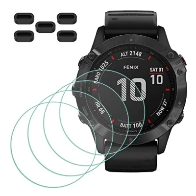 Abbildung von MTHGH Schutzfolie für Garmin fenix 6X/ 6X Pro/ Pro Solar Smartwatch Displayschutzfolie [4 Stück] + Anti Staub Stecker 5 Stück, Glas 9H Härte Kratzer Blasenfreie Ultradünne Panzerfolie