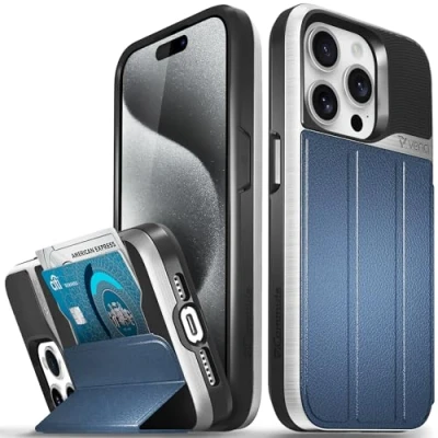 Abbildung von VENA vCommute Brieftaschen Schutzhülle für Apple iPhone 15 Pro (6,1 Zoll), militärischer Fallschutz, Lederhülle, Kartenschlitz, Halter mit Ständer, Silber/Blau