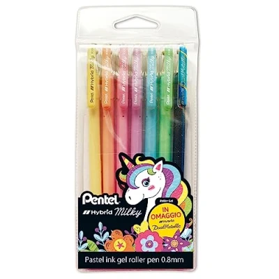 Abbildung von Pentel K108P Hybrid Milky Pastell Tintentasche 6 Stück + 1 Dual Metallic K110 gratis