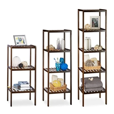 Abbildung von Relaxdays 3 TLG Badregal Set Bambus, Holzregal, Standregal, Bambusregal, Küchenregal, Bücherregal, 3, 4 und 5 Ablagen, Dunkelbraun
